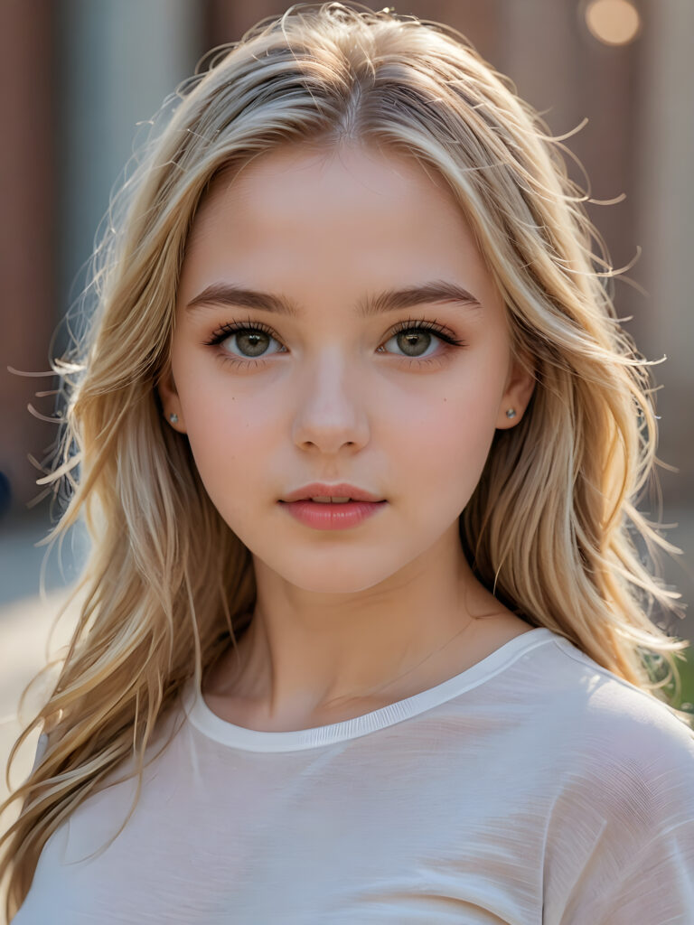 a beautiful and detailed portrait of a young and pretty white-skinned model girl, 14 years old, long straight soft blonde hair falls over her shoulders, she wears a thin short t-shirt and looks seductively at the viewer with her big shining eyes, full lips and mouth slightly open, her skin is flawlessly beautiful, she has a wonderfull curved body ((side view))