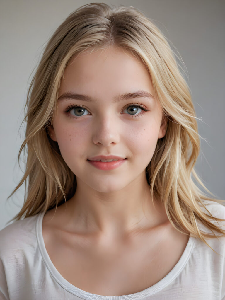 a beautiful and detailed portrait of a young and pretty white-skinned model girl, 14 years old, long straight soft blonde hair falls over her shoulders, she wears a thin short t-shirt and looks very happy an seductively at the viewer with her big shining eyes, full lips and mouth slightly open, her skin is flawlessly beautiful, she has a wonderfull curved body ((side view))