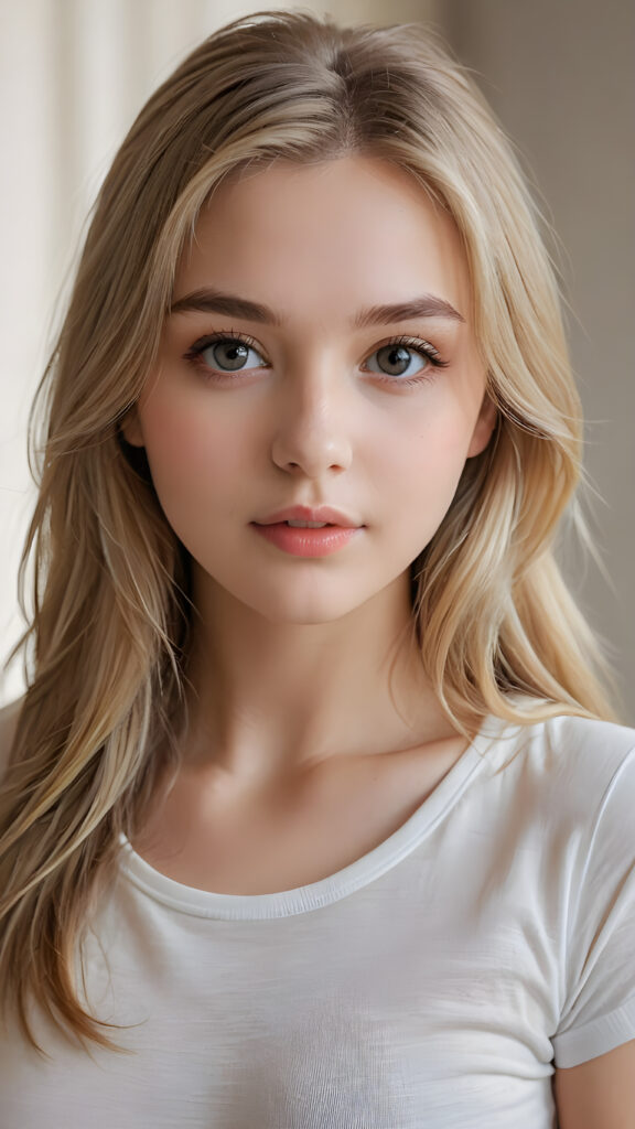 a beautiful and detailed portrait of a young white-skinned model girl, long straight soft blonde hair falls over her shoulders, she wears a thin t-shirt and looks seductively at the viewer with her big shining eyes, full lips and mouth slightly open, her skin is flawlessly beautiful, she has a wonderfull curved body