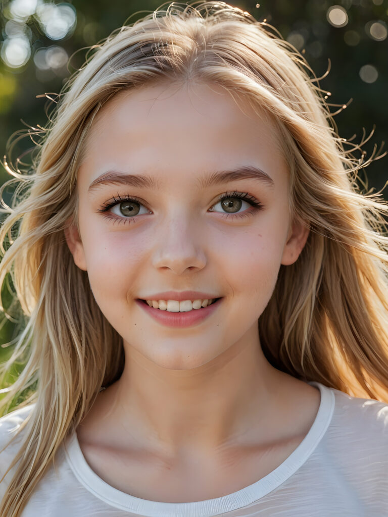 a beautiful and detailed portrait of a young and pretty white-skinned model girl, in absolute joy and happiness, 14 years old, long straight soft blonde hair falls over her shoulders, she wears a thin short t-shirt, big shining eyes, full lips, her skin is flawlessly beautiful, she has a wonderfull curved body ((side view))