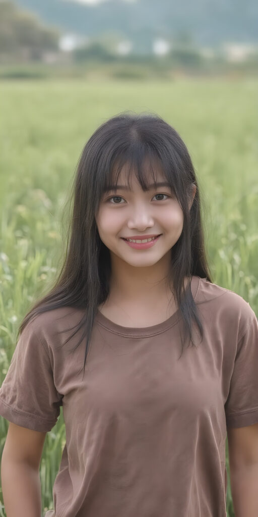 a beautiful and happy Korean young Farmer's daughter with silky, straight jet-black hair stands in the middle of a rice paddy, smiling at the camera, wearing tattered brown short t-shirt, full body, perfect body, Her long hair falls over her shoulders and covers her upper body, ((realistic)) ((cinematic lights))