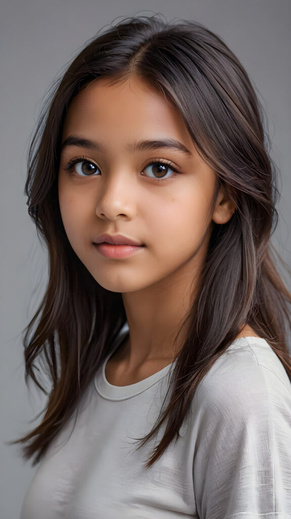 a beautiful and detailed portrait of a young brown-skinned girl, 13 years old, long, straight obsidian hair falls over her shoulders, she wears a thin t-shirt and looks seductively at the viewer with her big shining eyes, full lips and mouth slightly open, her silvery skin is flawlessly beautiful, side view, upper body, ((grey background))