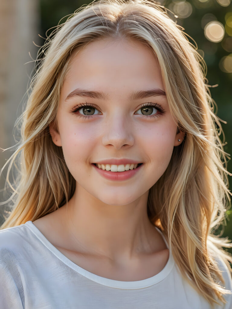 a beautiful and detailed portrait of a young and pretty white-skinned model girl, in absolute joy and happiness, 14 years old, long straight soft blonde hair falls over her shoulders, she wears a thin short t-shirt, big shining eyes, full lips, her skin is flawlessly beautiful, she has a wonderfull curved body ((side view))