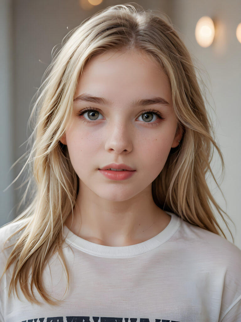 a beautiful and detailed portrait of a young and pretty white-skinned model girl, 14 years old, long straight soft blonde hair falls over her shoulders, she wears a thin short t-shirt and looks at the viewer with her big shining eyes, full lips and mouth slightly open, her skin is flawlessly beautiful, she has a wonderfull curved body ((side view))