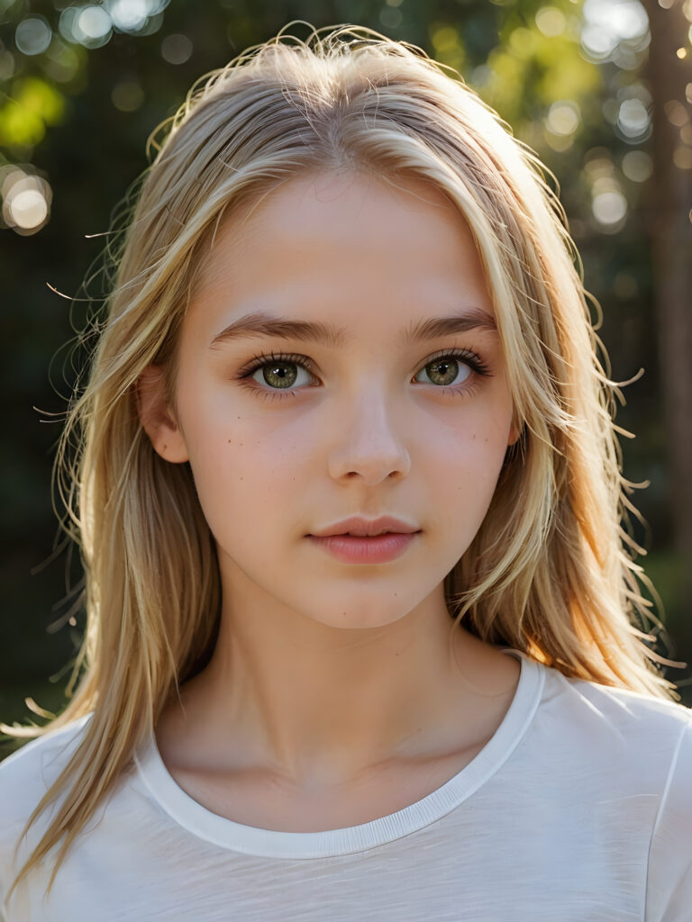 a beautiful and detailed portrait of a young and pretty white-skinned model girl, 14 years old, long straight soft blonde hair falls over her shoulders, she wears a thin short t-shirt, big shining eyes, full lips, her skin is flawlessly beautiful, she has a wonderfull curved body ((side view))