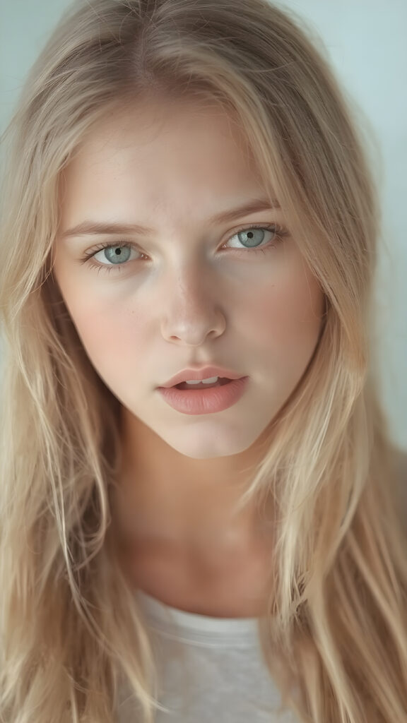 a beautiful and detailed portrait of a young white-skinned model girl, long straight soft blonde hair falls over her shoulders, she wears a thin t-shirt and looks seductively at the viewer with her big shining eyes, full lips and mouth slightly open, her skin is flawlessly beautiful, she has a wonderfull curved body