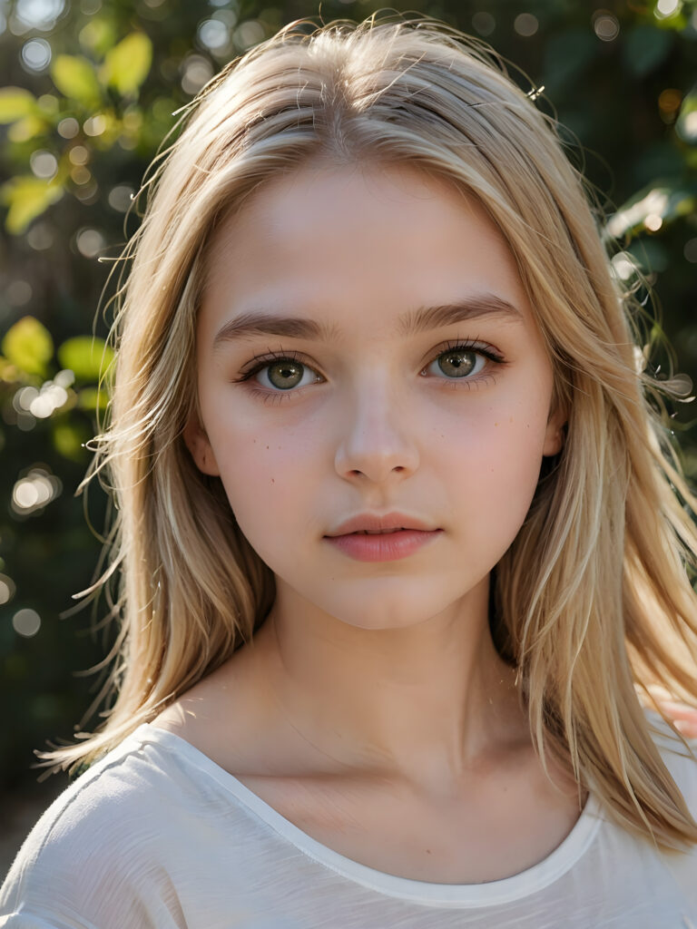 a beautiful and detailed portrait of a young and pretty white-skinned sad model girl, 14 years old, long straight soft blonde hair falls over her shoulders, she wears a thin short t-shirt and looks at the viewer with her big shining eyes, full lips, her skin is flawlessly beautiful, she has a wonderfull curved body ((side view))