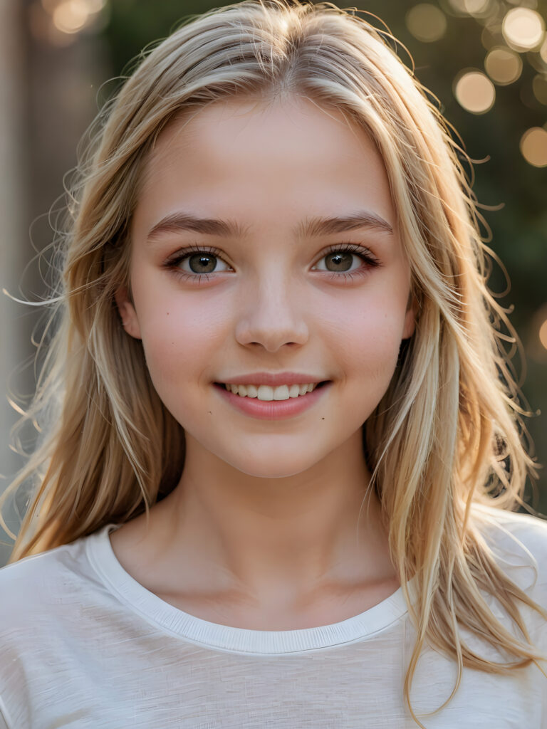 a beautiful and detailed portrait of a young and pretty white-skinned model girl, 14 years old, long straight soft blonde hair falls over her shoulders, she wears a thin short t-shirt and looks at the viewer with her big shining eyes, she smile, full lips and mouth slightly open, her skin is flawlessly beautiful, she has a wonderfull curved body