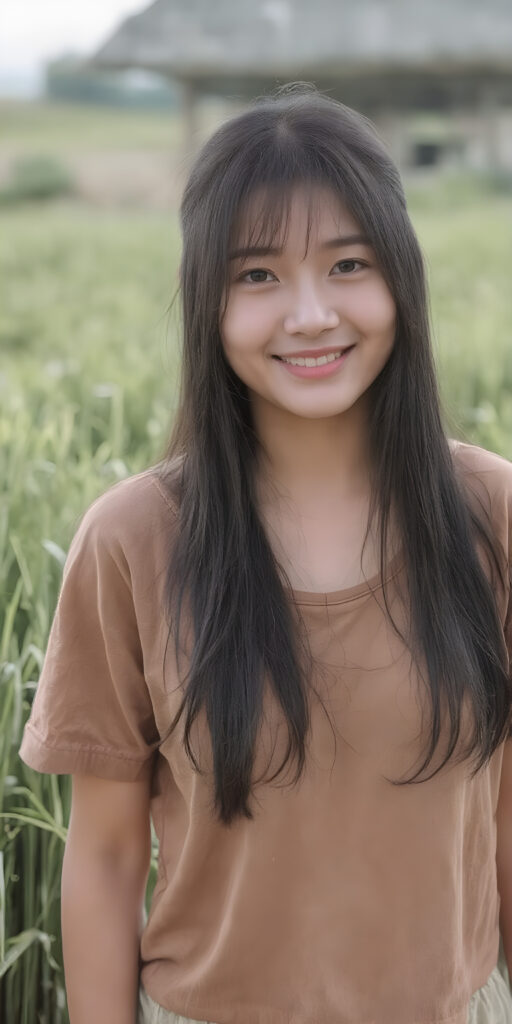 a beautiful and happy Korean young Farmer's daughter with silky, straight jet-black hair stands in the middle of a rice paddy, smiling at the camera, wearing tattered brown short t-shirt, full body, perfect body, Her long hair falls over her shoulders and covers her upper body, ((realistic)) ((cinematic lights))