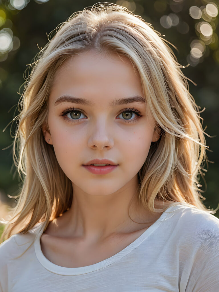 a beautiful and detailed portrait of a young and pretty white-skinned model girl, 14 years old, long straight soft blonde hair falls over her shoulders, she wears a thin short t-shirt and looks seductively at the viewer with her big shining eyes, full lips and mouth slightly open, her skin is flawlessly beautiful, she has a wonderfull curved body ((side view))