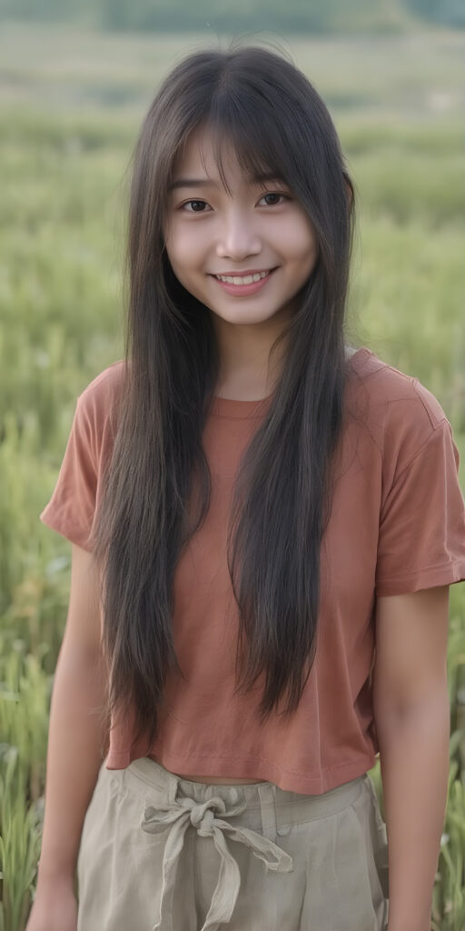 a beautiful and happy Korean young Farmer's daughter with silky, straight jet-black hair stands in the middle of a rice paddy, smiling at the camera, wearing tattered brown short t-shirt, full body, perfect body, Her long hair falls over her shoulders and covers her upper body, ((realistic)) ((cinematic lights))