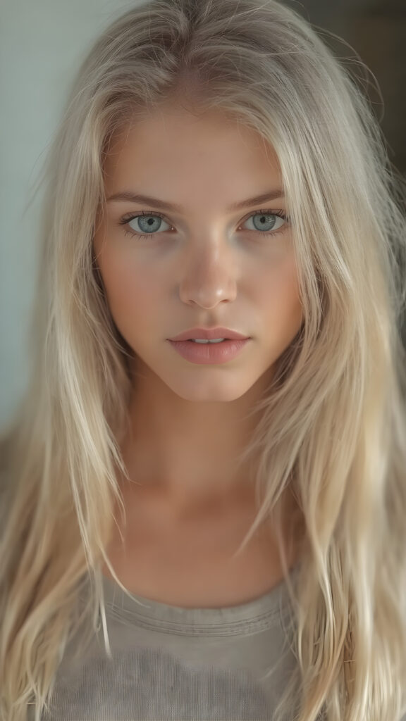 a beautiful and detailed portrait of a young white-skinned model girl, long straight soft blonde hair falls over her shoulders, she wears a thin t-shirt and looks seductively at the viewer with her big shining eyes, full lips and mouth slightly open, her skin is flawlessly beautiful, she has a wonderfull curved body