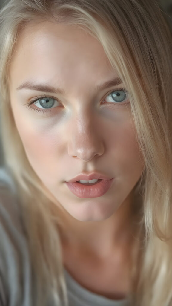 a beautiful and detailed portrait of a young white-skinned model girl, long straight soft blonde hair falls over her shoulders, she wears a thin t-shirt and looks seductively at the viewer with her big shining eyes, full lips and mouth slightly open, her skin is flawlessly beautiful, she has a wonderfull curved body