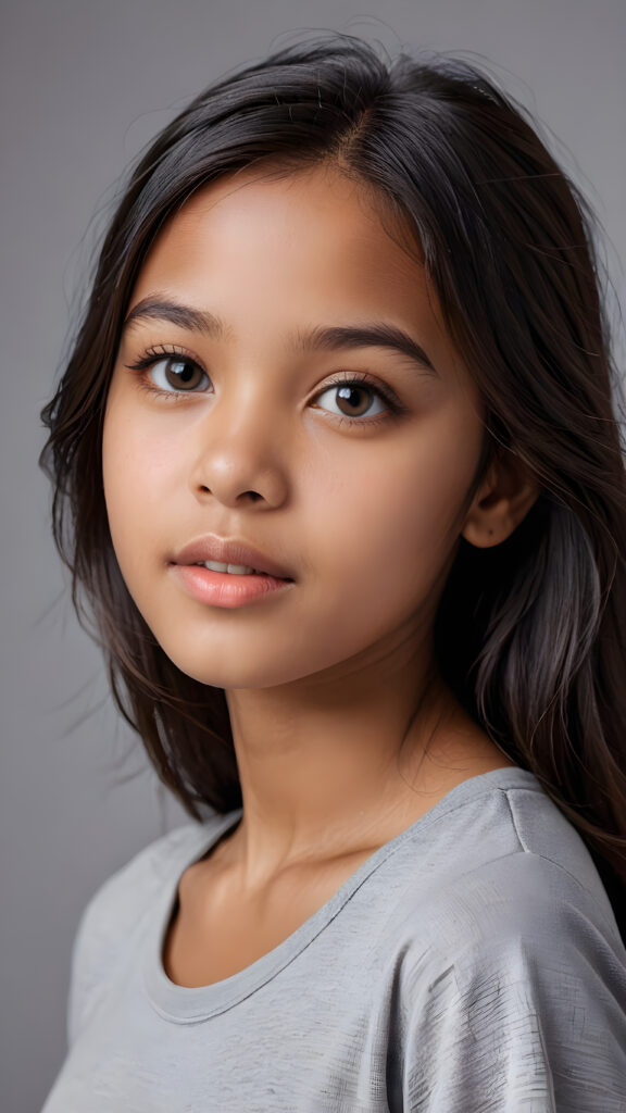 a beautiful and detailed portrait of a young brown-skinned girl, 13 years old, long, straight obsidian hair falls over her shoulders, she wears a thin t-shirt and looks seductively at the viewer with her big shining eyes, full lips and mouth slightly open, her silvery skin is flawlessly beautiful, side view, upper body, ((grey background))