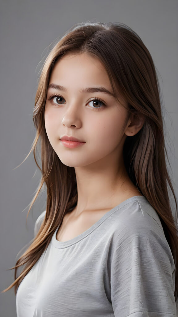 a beautiful and detailed portrait of a young girl, 13 years old, long, straight brown hair falls over her shoulders, she wears a thin t-shirt and looks seductively at the viewer with her big shining eyes, full lips and mouth slightly open, her silvery skin is flawlessly beautiful, side view, upper body, ((grey background))