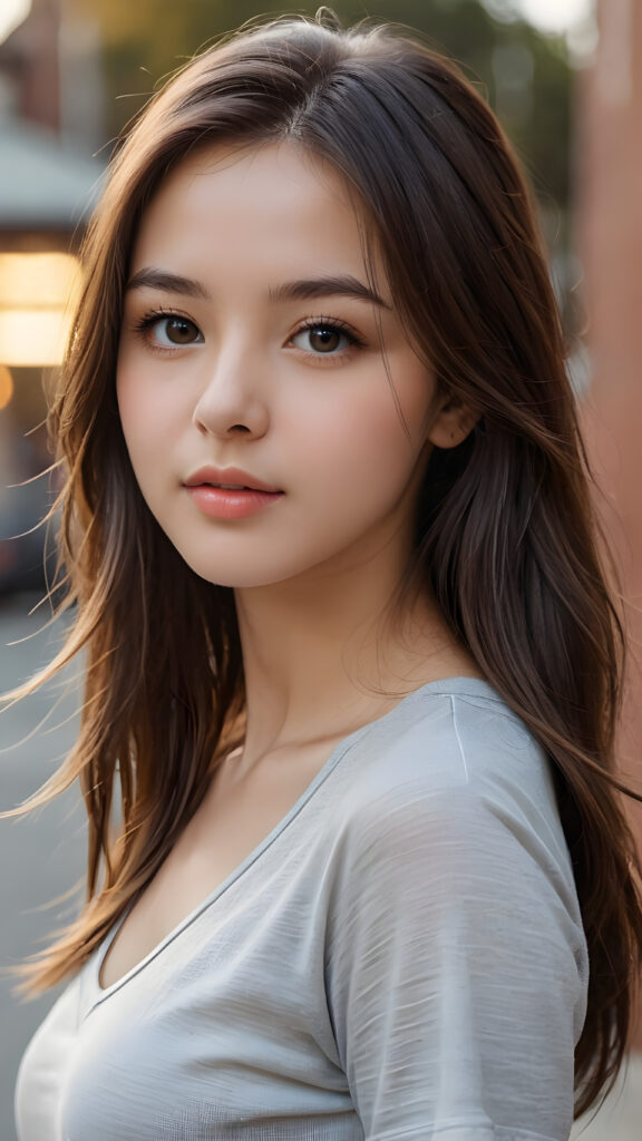 a beautiful and detailed portrait of a young girl, long, straight hair falls over her shoulders, she wears a thin t-shirt and looks seductively at the viewer with her big shining eyes, full lips and mouth slightly open, her silvery skin is flawlessly beautiful, side view, upper body