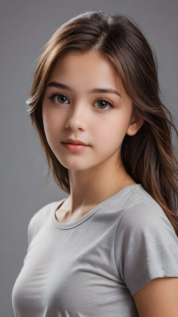 a beautiful and detailed portrait of a young girl, 13 years old, long, straight brown hair falls over her shoulders, she wears a thin t-shirt and looks seductively at the viewer with her big shining eyes, full lips and mouth slightly open, her silvery skin is flawlessly beautiful, side view, upper body, ((grey background))