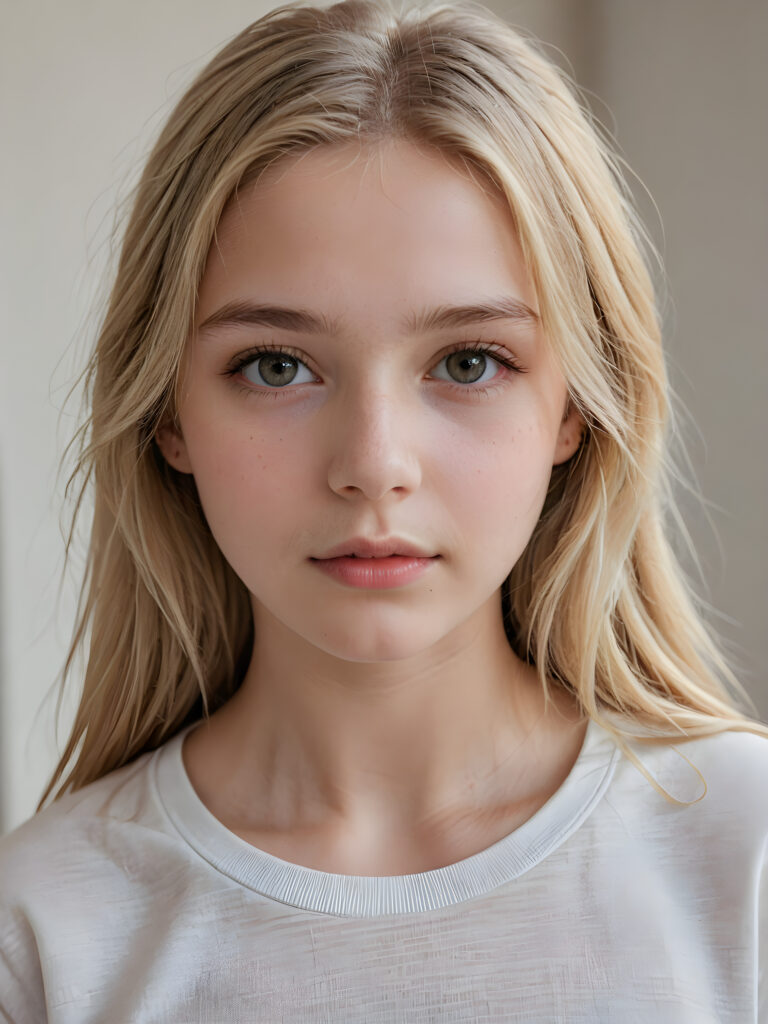 a beautiful and detailed portrait of a young and pretty white-skinned sad model girl, 14 years old, long straight soft blonde hair falls over her shoulders, she wears a thin short t-shirt and looks at the viewer with her big shining eyes, full lips, her skin is flawlessly beautiful, she has a wonderfull curved body ((side view))