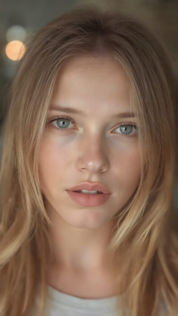 a beautiful and detailed portrait of a young white-skinned model girl, long straight soft blonde hair falls over her shoulders, she wears a thin t-shirt and looks seductively at the viewer with her big shining eyes, full lips and mouth slightly open, her skin is flawlessly beautiful, she has a wonderfull curved body