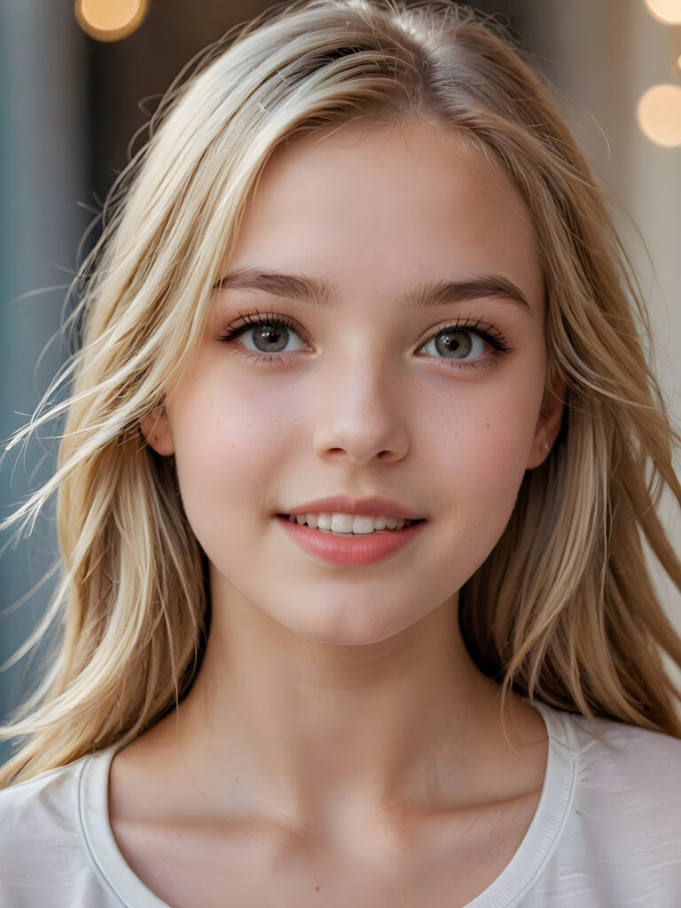 a beautiful and detailed portrait of a young and pretty white-skinned model girl, 14 years old, long straight soft blonde hair falls over her shoulders, she wears a thin short t-shirt and looks very happy an seductively at the viewer with her big shining eyes, full lips and mouth slightly open, her skin is flawlessly beautiful, she has a wonderfull curved body ((side view))