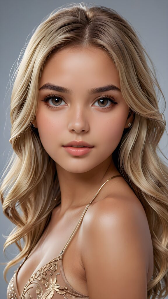 a beautiful and detailed portrait of a young and pretty tanned busty girl, 14 years old, long straight soft blonde hair falls over her shoulders, she wears a thin short t-shirt with deep v-neck and looks seductively at the viewer with her big shining eyes, full lips, her skin is flawlessly beautiful, she has a wonderfull curved body ((side view))