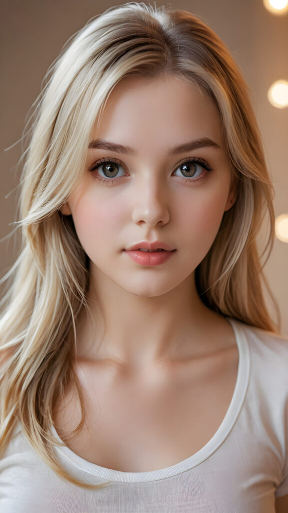 a beautiful and detailed portrait of a young white-skinned model girl, long straight soft blonde hair falls over her shoulders, she wears a thin t-shirt and looks seductively at the viewer with her big shining eyes, full lips and mouth slightly open, her skin is flawlessly beautiful, she has a wonderfull curved body