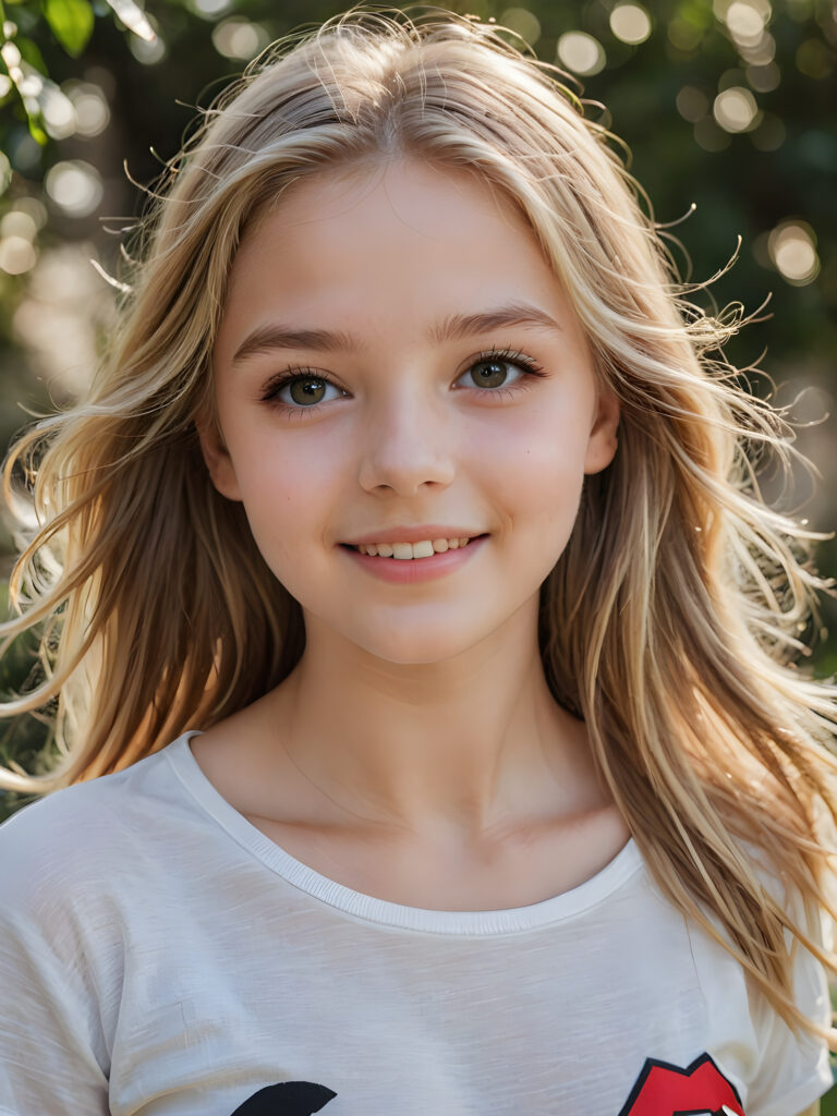 a beautiful and detailed portrait of a young and pretty white-skinned model girl, in absolute joy and happiness, 14 years old, long straight soft blonde hair falls over her shoulders, she wears a thin short t-shirt, big shining eyes, full lips, her skin is flawlessly beautiful, she has a wonderfull curved body ((side view))