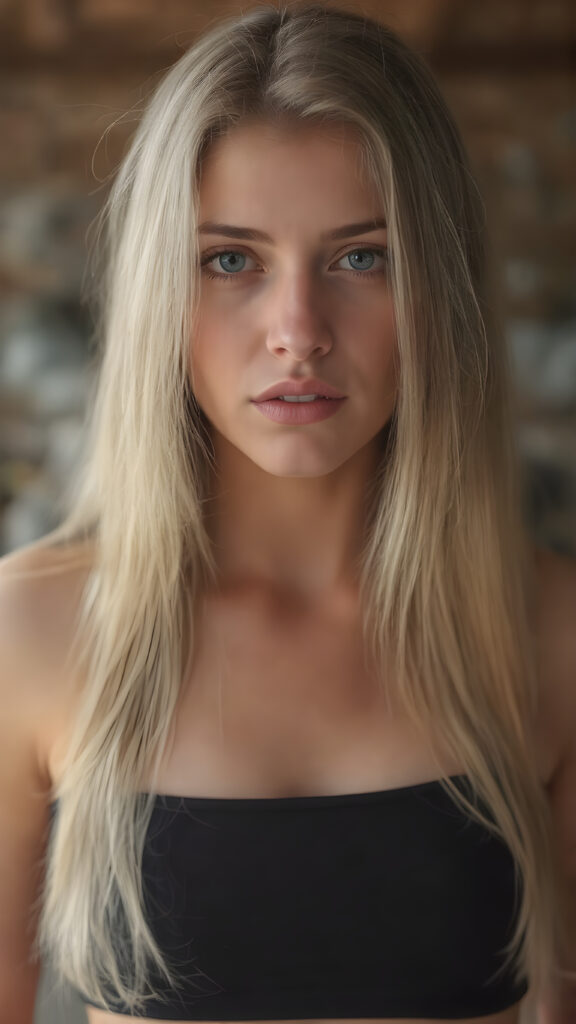 a beautiful and pretty girl with long, straight blonde hair wears a short, skimpy cropped black tank top. She has full, plump lips and looks seductively at the viewer