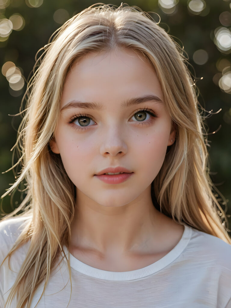 a beautiful and detailed portrait of a young and pretty white-skinned model girl, 14 years old, long straight soft blonde hair falls over her shoulders, she wears a thin short t-shirt and looks at the viewer with her big shining eyes, full lips and mouth slightly open, her skin is flawlessly beautiful, she has a wonderfull curved body ((side view))