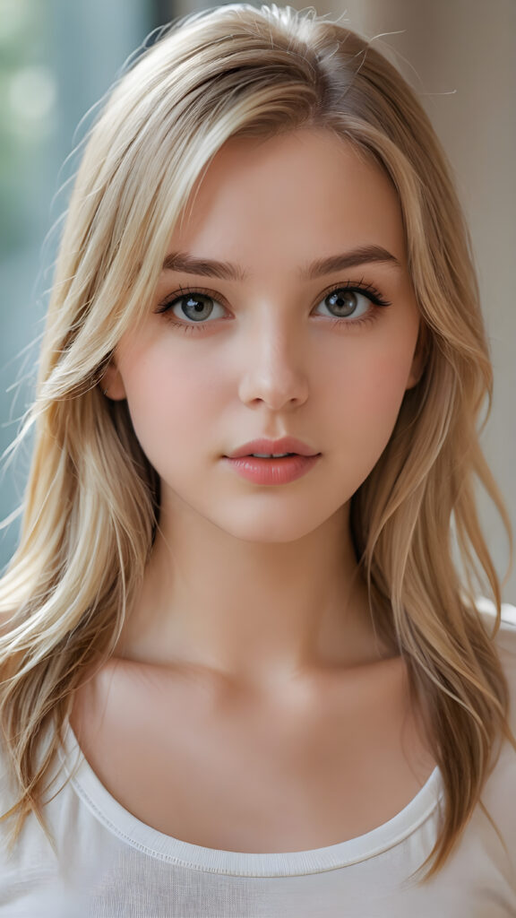 a beautiful and detailed portrait of a young white-skinned model girl, long straight soft blonde hair falls over her shoulders, she wears a thin t-shirt and looks seductively at the viewer with her big shining eyes, full lips and mouth slightly open, her skin is flawlessly beautiful, she has a wonderfull curved body