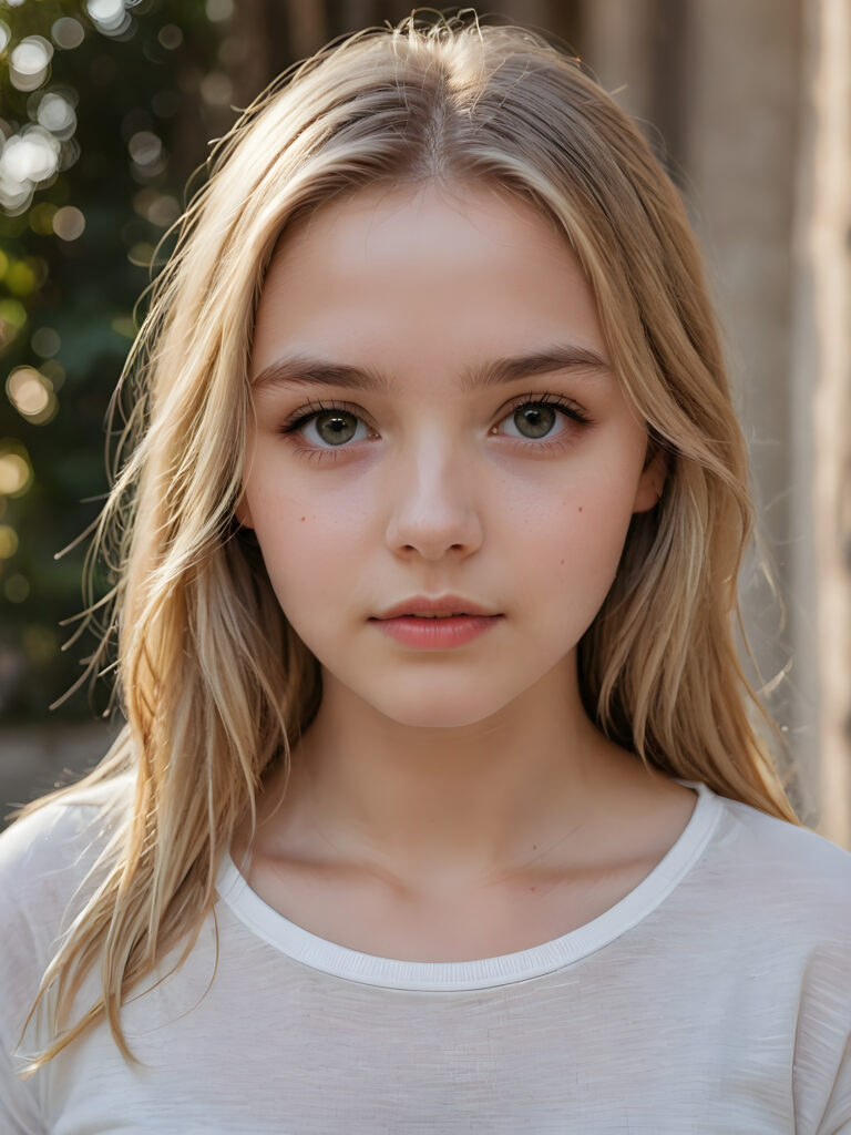 a beautiful and detailed portrait of a young and pretty white-skinned sad model girl, 14 years old, long straight soft blonde hair falls over her shoulders, she wears a thin short t-shirt and looks at the viewer with her big shining eyes, full lips, her skin is flawlessly beautiful, she has a wonderfull curved body ((side view))