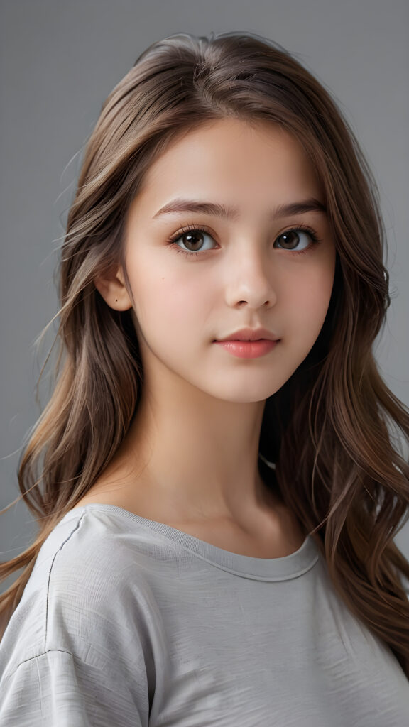 a beautiful and detailed portrait of a young girl, 13 years old, long, straight brown hair falls over her shoulders, she wears a thin t-shirt and looks seductively at the viewer with her big shining eyes, full lips and mouth slightly open, her silvery skin is flawlessly beautiful, side view, upper body, ((grey background))