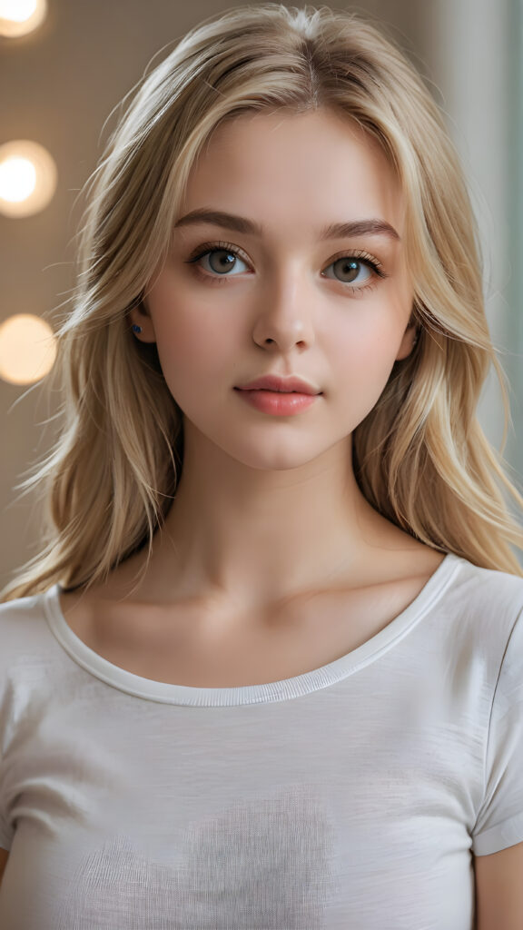 a beautiful and detailed portrait of a young white-skinned model girl, long straight soft blonde hair falls over her shoulders, she wears a thin t-shirt and looks seductively at the viewer with her big shining eyes, full lips and mouth slightly open, her skin is flawlessly beautiful, she has a wonderfull curved body