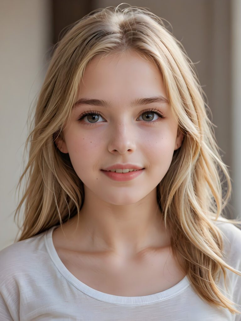 a beautiful and detailed portrait of a young and pretty white-skinned model girl, 14 years old, long straight soft blonde hair falls over her shoulders, she wears a thin short t-shirt and looks very happy an seductively at the viewer with her big shining eyes, full lips and mouth slightly open, her skin is flawlessly beautiful, she has a wonderfull curved body ((side view))