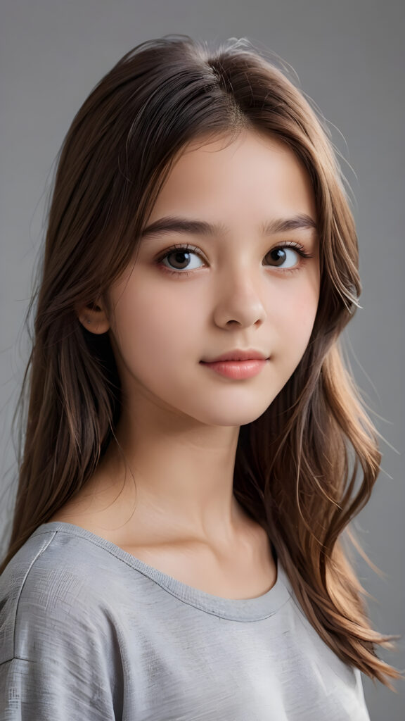 a beautiful and detailed portrait of a young girl, 13 years old, long, straight brown hair falls over her shoulders, she wears a thin t-shirt and looks seductively at the viewer with her big shining eyes, full lips and mouth slightly open, her silvery skin is flawlessly beautiful, side view, upper body, ((grey background))