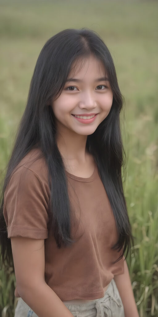 a beautiful and happy Korean young Farmer's daughter with silky, straight jet-black hair stands in the middle of a rice paddy, smiling at the camera, wearing tattered brown short t-shirt, full body, perfect body, Her long hair falls over her shoulders and covers her upper body, ((realistic)) ((cinematic lights))