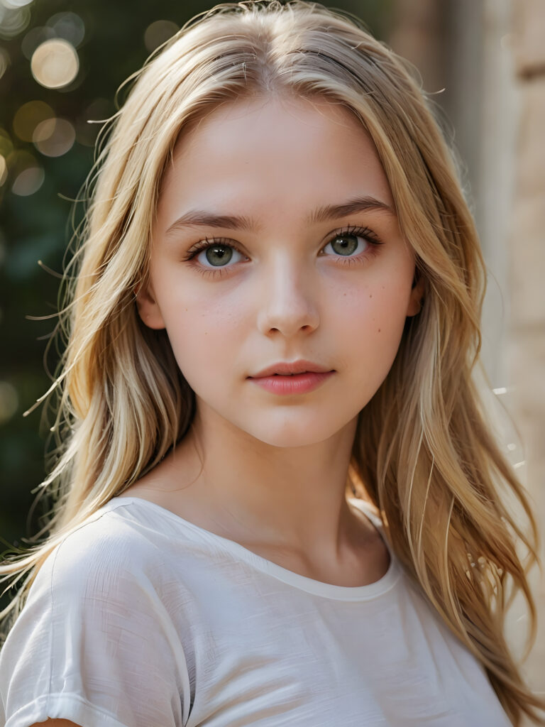 a beautiful and detailed portrait of a young and pretty white-skinned model girl, 14 years old, long straight soft blonde hair falls over her shoulders, she wears a thin short t-shirt, big shining eyes, full lips, her skin is flawlessly beautiful, she has a wonderfull curved body ((side view))