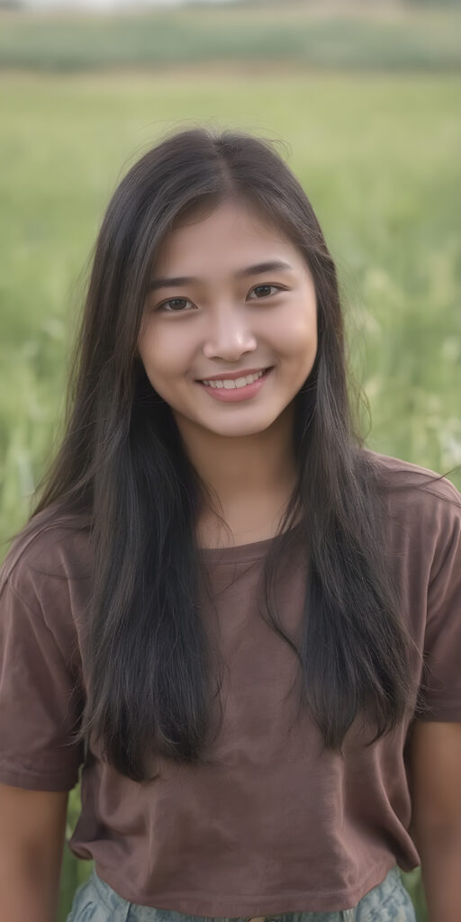 a beautiful and happy Korean young Farmer's daughter with silky, straight jet-black hair stands in the middle of a rice paddy, smiling at the camera, wearing tattered brown short t-shirt, full body, perfect body, Her long hair falls over her shoulders and covers her upper body, ((realistic)) ((cinematic lights))