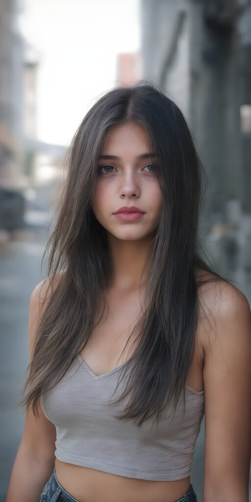 a (((beautiful young well busty teenage girl, perfect curved body))), with flowing, (((soft long straight black hair))). She is dressed in a sleek, (cropped tank top, deep v-neck), photograph, stands in the street