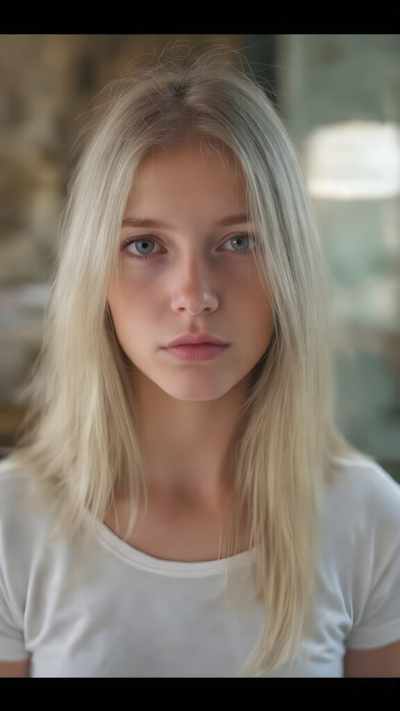 a (((beautiful girl), with pale skin and (((long, straight high volume open blond hair))), long eyelashes , purple eyes (dressed in a (((white cropped t-shirt))), (((brown eyes))), evoking a whimsically elegant atmosphere. full body view