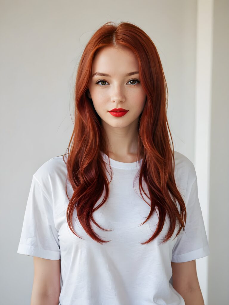 a beautiful (((young girl))), with long, flowing (((red hair))), styled in a sleek, shiny, straight haircut with sharp, defined (((red lips))), emitting an ethereal glow that complements her otherwise natural features, dressed in a (((white t-shirt))), poised confidently in a classic, casual setting, with her loosely curled red lips and a warm smile that exude cuteness