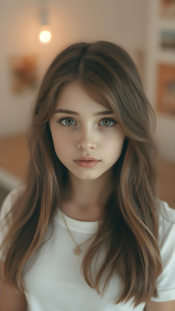 a (((beautiful girl), with pale skin and (((long, straight high volume open hair))), long eyelashes , purple eyes (dressed in a (((white cropped t-shirt))), (((brown eyes))), evoking a whimsically elegant atmosphere. full body view