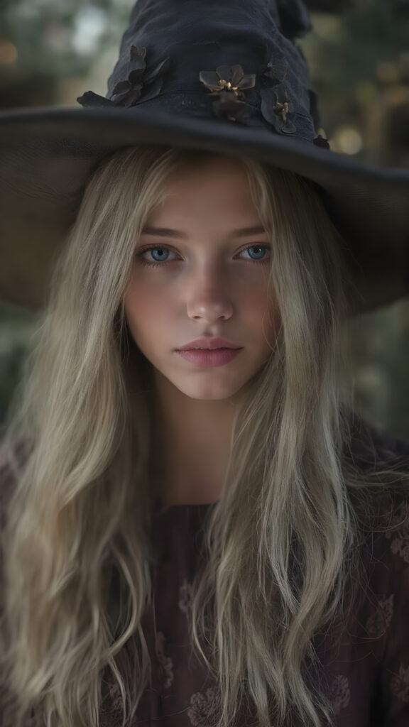 a (((beautiful witch girl))) with luxurious, (((shiny very long blond soft hair))), flawless skin, and a serene expression, her face and form are intricately detailed, adorned with (((small black glass glowing flowers in her hat))), giving off a soft glow that adds a touch of magic, she's dressed in a ((silk dress with designs of small flowers)), which accentuates her elegant figure, blending seamlessly with the intricate patterns and colors of the setting