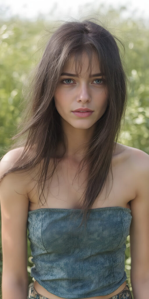 a (((beautiful girl, cute, with a sleek, yet delicate and petite physique, a youthful face with (sun-kissed) skin, and flowing, straight messy black hair, clad in (((hippie, retro 70s clothing))), exuding a sense of (hippieness) and (magnificence). Full body view, capturing a ((vintage, retro 70s vibe)), sunny green backdrop