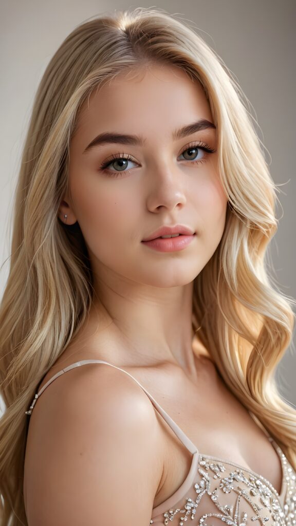 a (((beautiful young teen girl))) with a sleek, ((upper body close-up)), showcasing elegant details like curves and contours ((empty background)) ((stunning)) ((cute)) ((gorgeous)) ((blonde, shoulder long hair, hair))