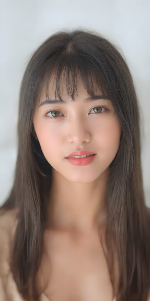 a (((beautiful, thoughtful and expressive cute adult Asian girl))), with (((softly curved long black straight hair, bangs))), natural (looking) light green eyes, and (delicate yet defined cheekbones), poised in a (seductively thoughtful pose) with a ((flawlessly matching set of pearly white teeth)) and elegantly draped ((natural looking)) light sheer draped garments, ((completely covering her front and back, and perfectly shaped to convey a sense of natural beauty)), against a (natural looking, detailed white backdrop), head is centered, her perfect hands plays with her hair