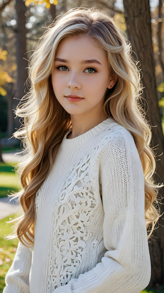 a (((beautiful teen girl with long, blond soft hair and brown eyes))), who exudes a distinct (((sharpness))), coupled with (((pale skin))) and (((vividly hued lips))) that curve into a (((wavy hairstyle))), dressed in a (((white sweater))), adorned with delicate, intricate patterns that reflect the (sunny park) backdrop