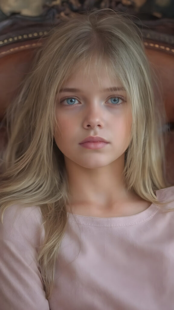 a (((beautiful young girl))), with flowing, straight blond hair framing her face, which is defined by its delicate features like a small nose and soft, full lips, in a luxurious, elegant ((chair)), adorned with rich leather details and intricate stitching. The chair is poised elegantly, giving off a sense of opulence and comfort