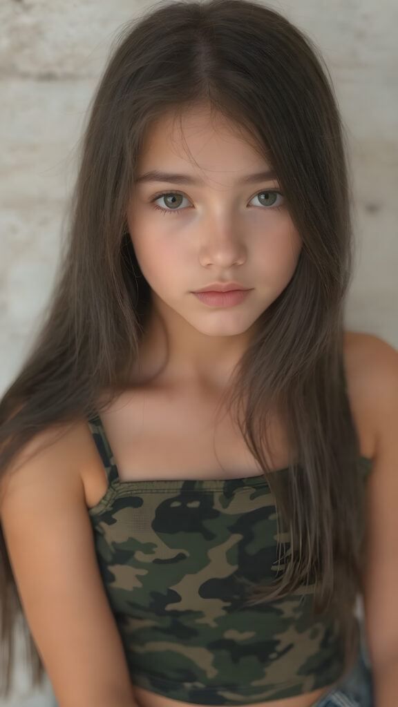 a (((beautiful teen girl, 15 years old))) with a sleek, (((upper body))), straight soft black hair, intricate details like perfect curves and contours popping against an (((empty backdrop))), exuding an (((intoxicating aura))) that draws the eye, capturing essence of both (((cuteness))) and (((staggering beauty))) with long hair and a (((camouflage-colored super short crop top))) that blends into a (((hyper realistic)))