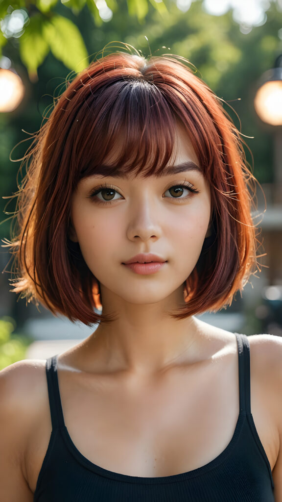 a (((beautiful girl))) with a (((bob cut hair style, bangs))), ((soft straight red hair)), accompanied by (((volumetric lighting))) that bring out the (masterpiece) details, all against a (natural green sunny backdrop) that focuses on the (face) and its intricate, (hyper-realistic) features, captures the essence of (digital art), ((black dressed in an short tank top))